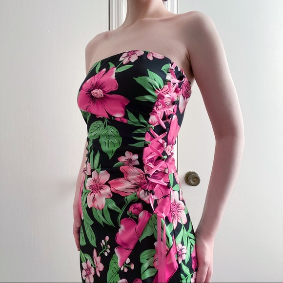 Vintage Y2K 90s Rampage Tropical Floral Strapless Dress - Picture 5 of 7